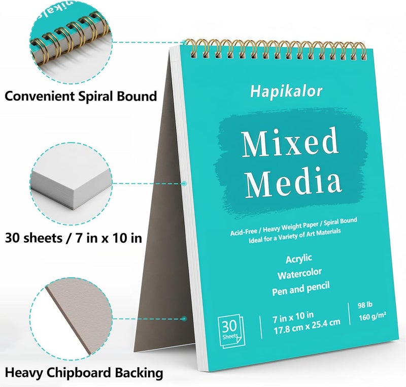 Hapikalor Sketch Book Mixed Media Pad - 7" x 10" Top Spiral Bound Sketch Pad, 30 Sheets 98lb/160gsm Acid-Free Drawing Paper, Art Supplies Sketchbook for Drawing, Sketching - Image 2